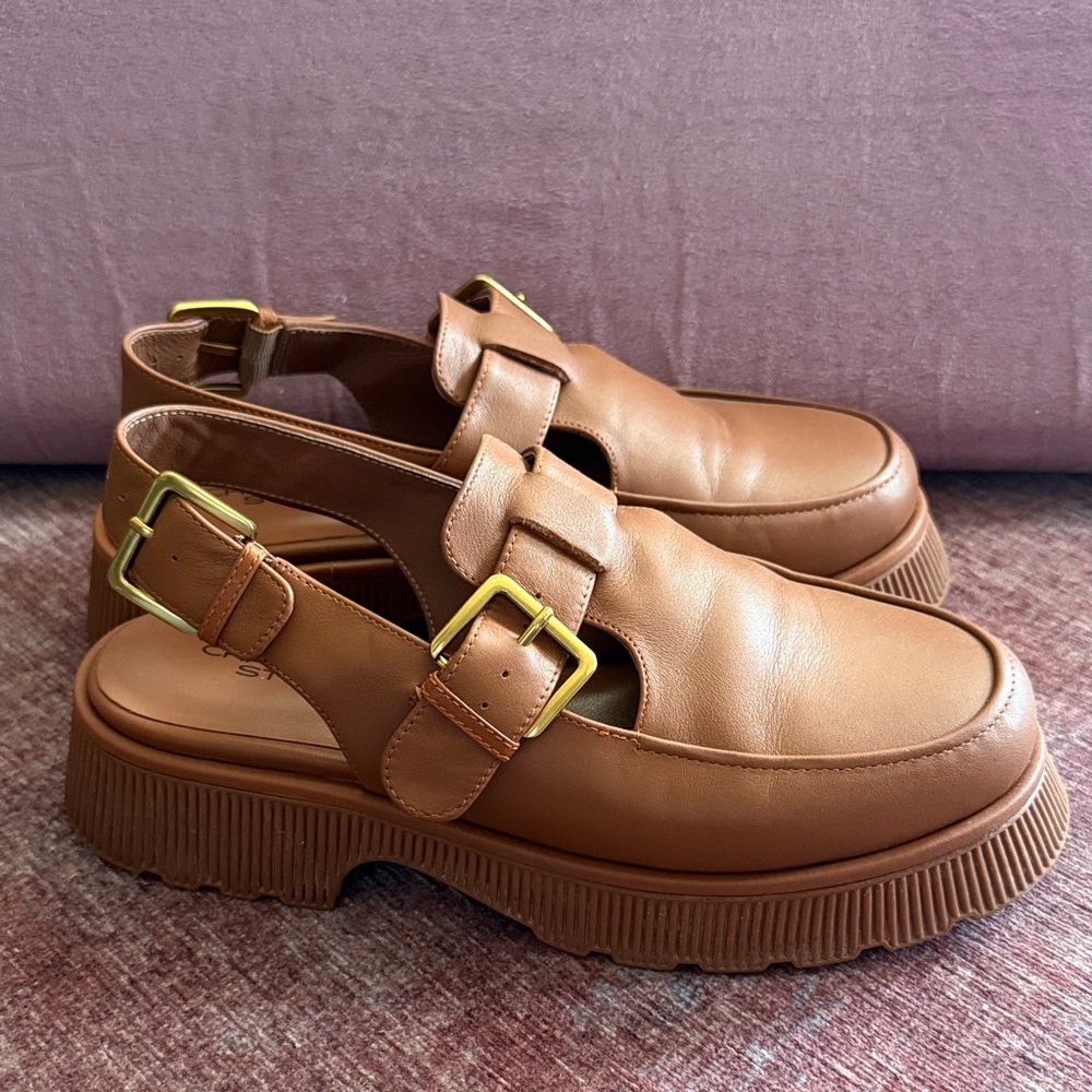 Charlotte Stone - Tan Slingback Clog Loafers with Buckle Strap